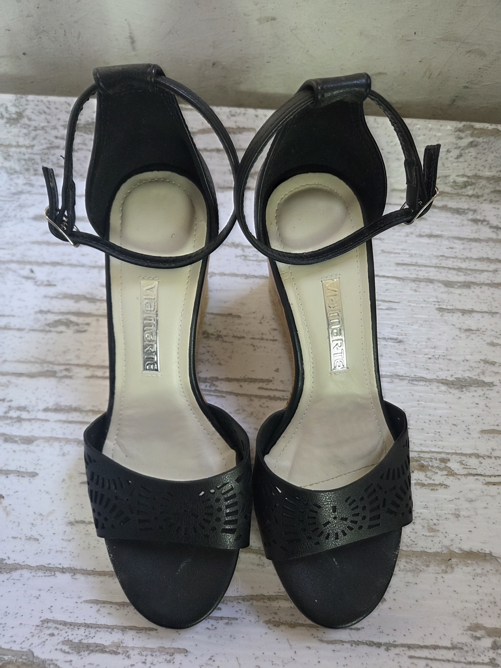 Black Ankle-Strap Heels with Laser-Cut Front Band
